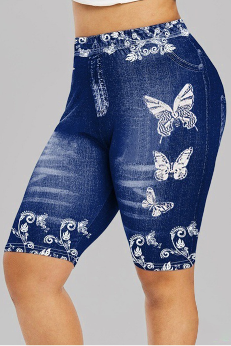 

LW SXY Plus Size Butterfly Floral Print High Stretchy Leggings, Blue