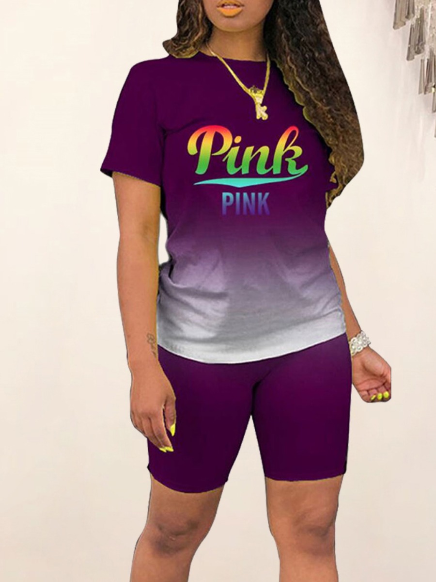 LW Plus Size Pink Gradient Letter Print Shorts Set