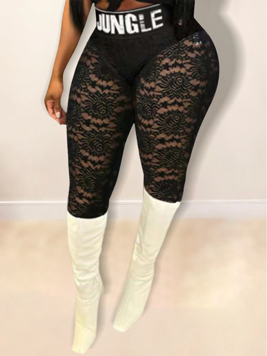 

LW SXY Letter Print Lace See-through Pants, Black