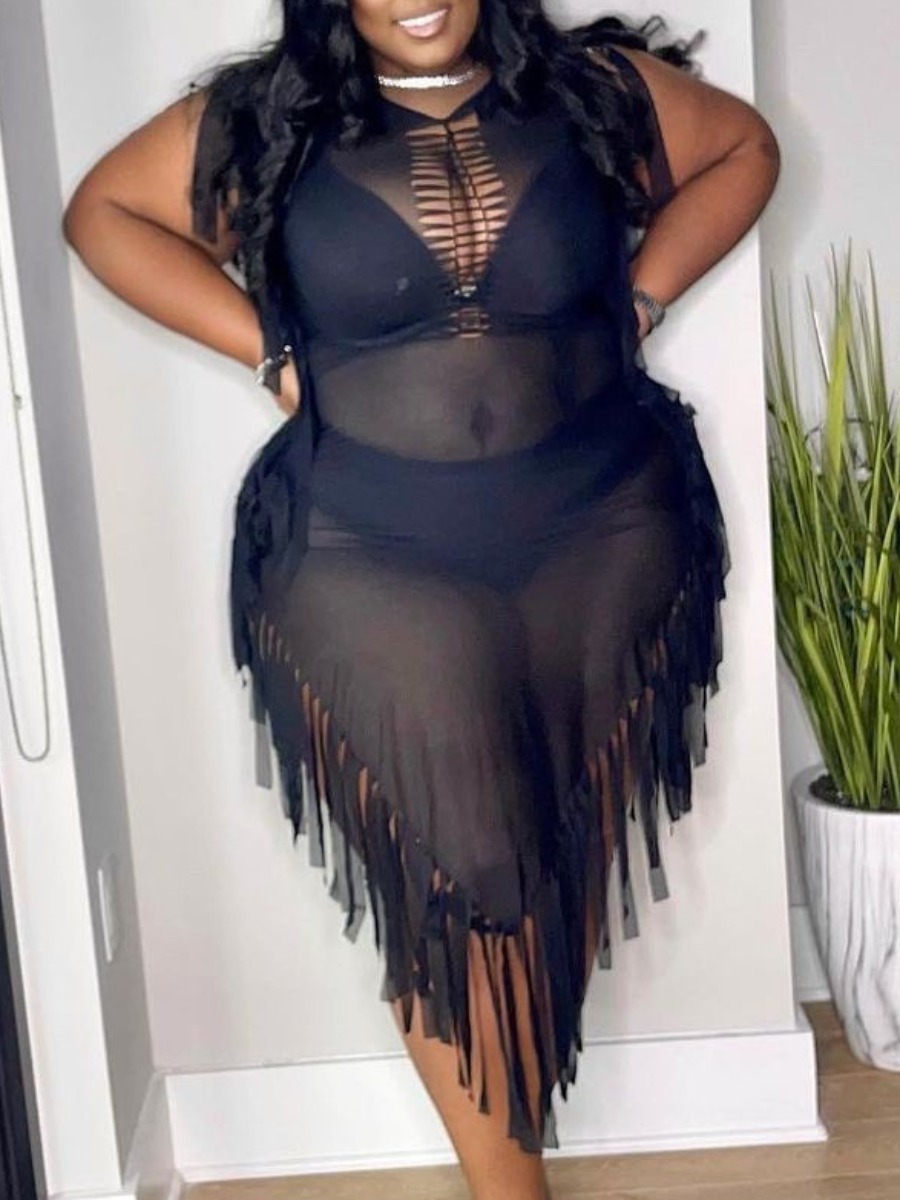 

LW SXY Plus Size Tassel Design See-through Dress, Black