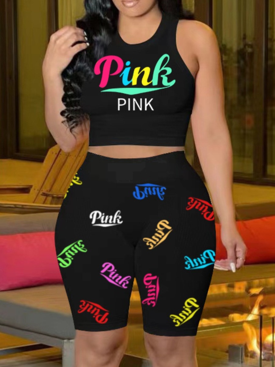 

LW Plus Size Crop Top Pink Letter Print Shorts Set, Black