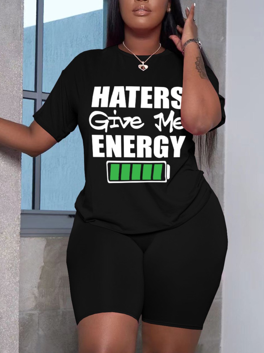 

LW Plus Size Haters Give Me Energy Letter Print Shorts Set, Black