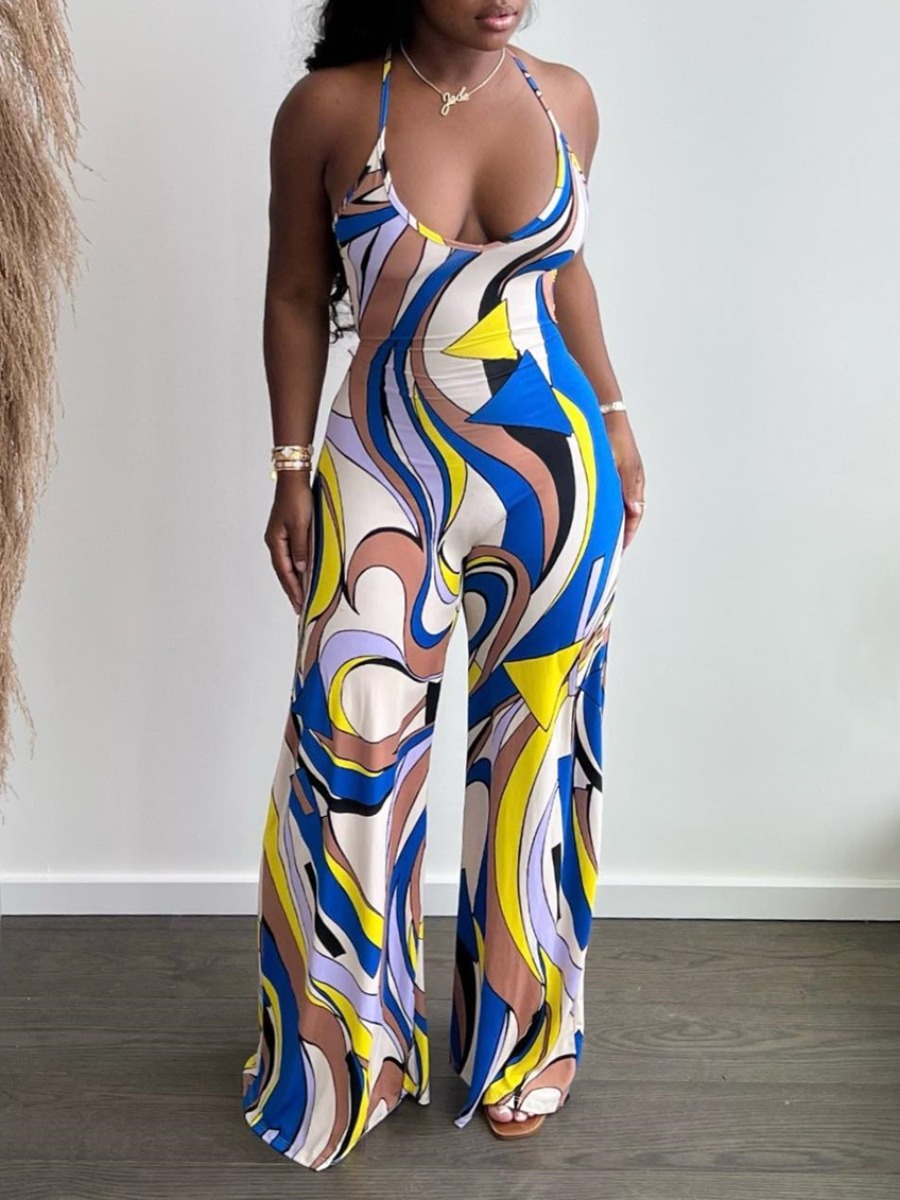 

LW SXY Mixed Print Backless Wide Leg Jumpsuit, Multicolor mstn