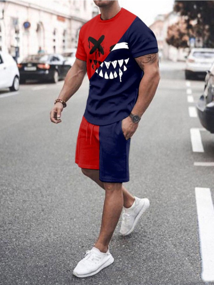 

LW Men Letter Print Drawstring Shorts Set, Deep blue