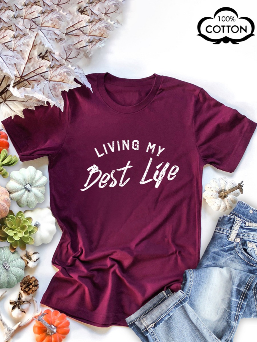 LW COTTON Plus Size Living My Best Life Letter Print T-shirt