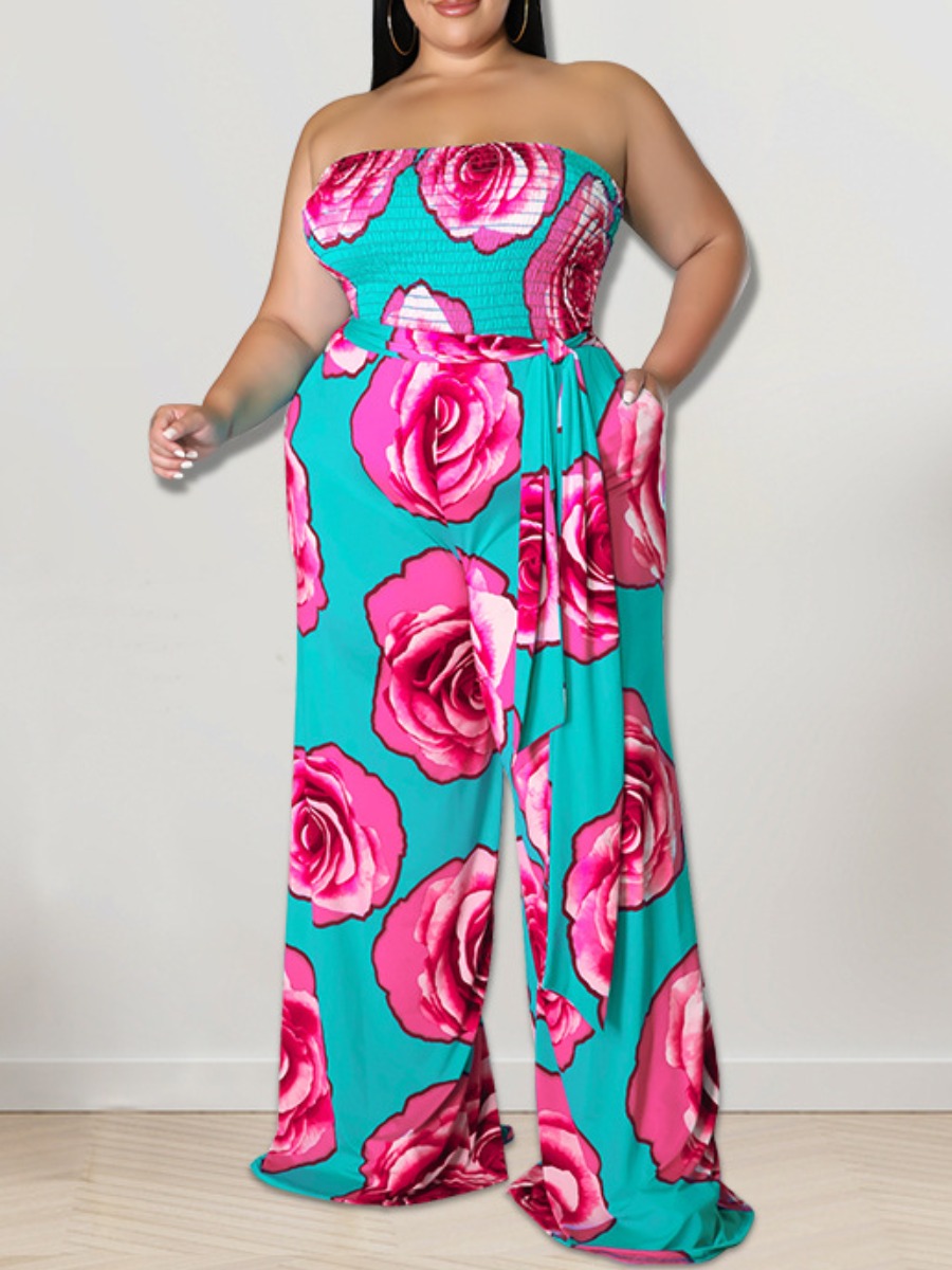 

LW SXY Plus Size Off The Shoulder Floral Print Jumpsuit, Green