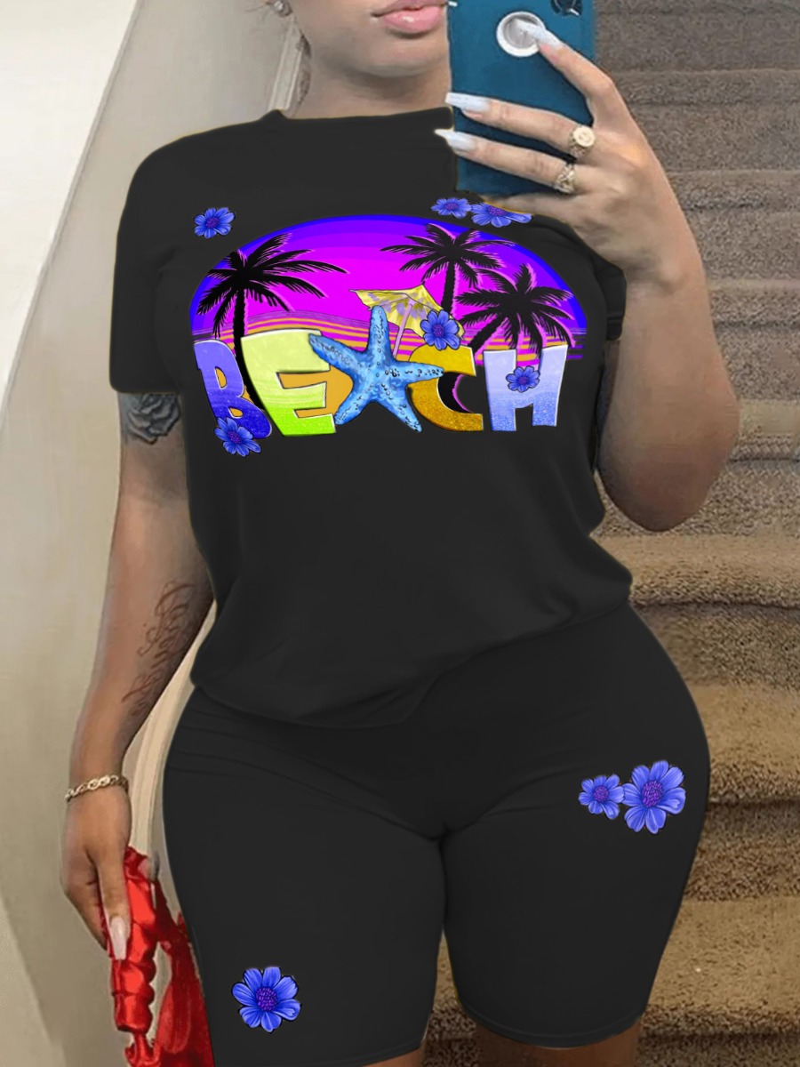 

LW Plus Size Beach Palm Tree Letter Print Shorts Set, Black