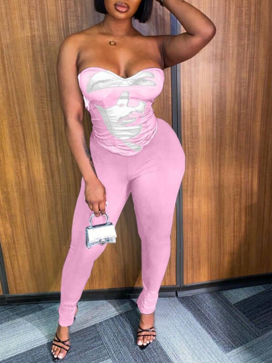 

LW Off The Shoulder Print Skinny Pants Set, Pink