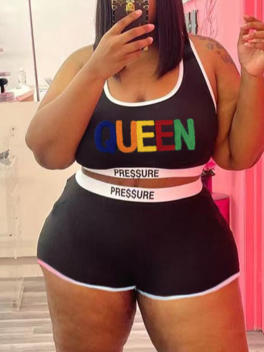 

LW Plus Size Cami Queen Letter Print Shorts Set, Black