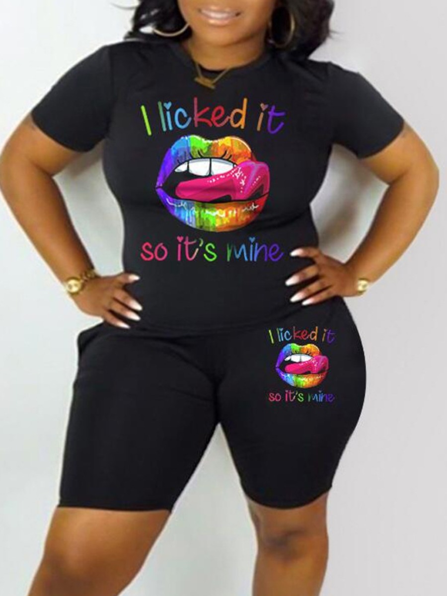 

LW Plus Size Letter Rainbow Lip Print Shorts Set, Black