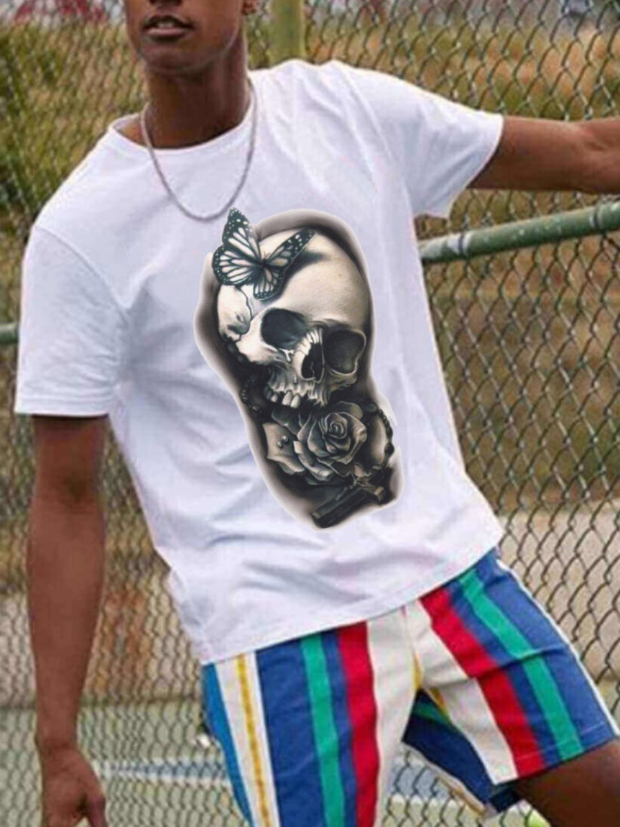 LW Men Skull Head Butterfly Print T-shirt