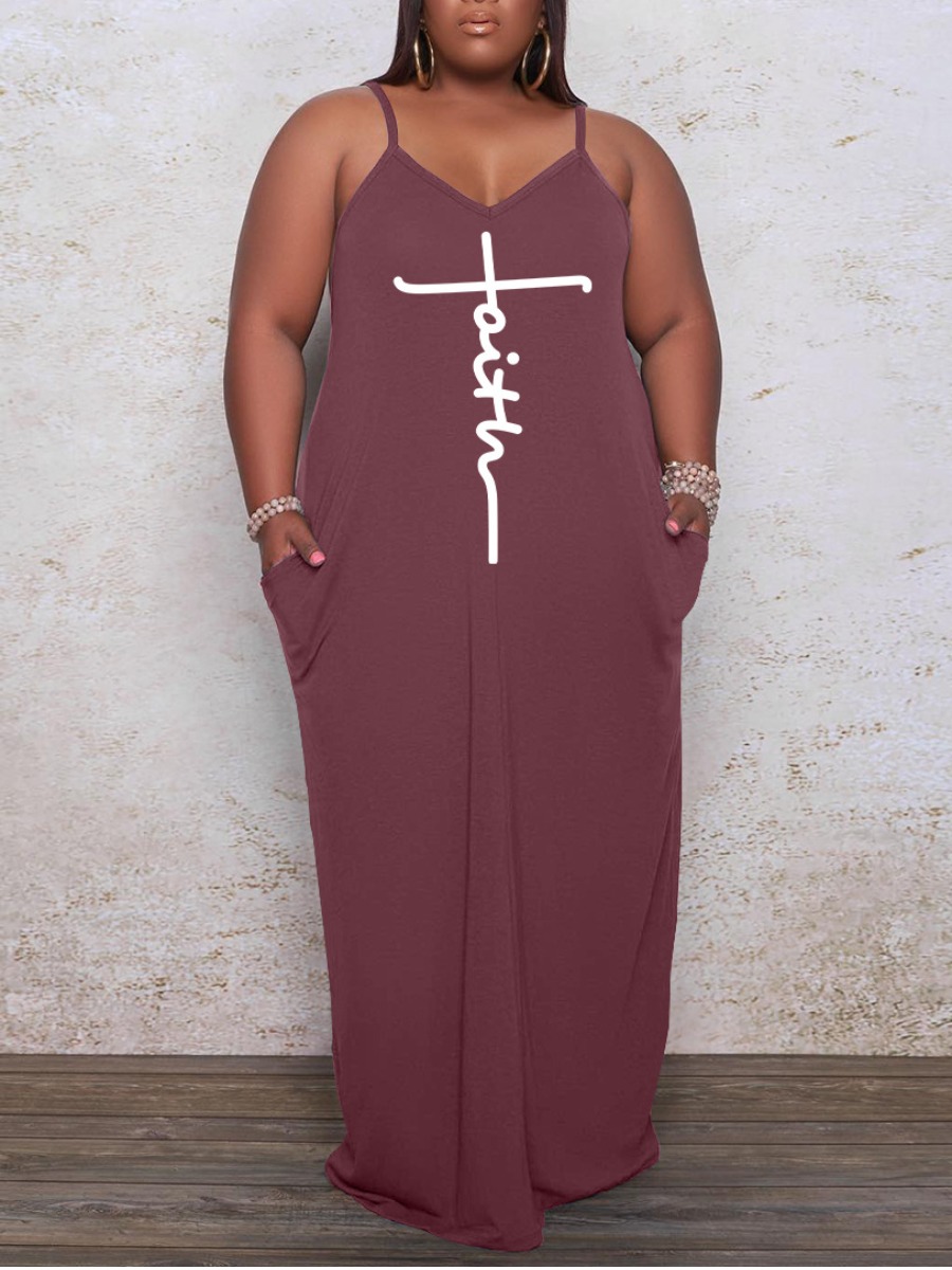 

LW Plus Size Faith Letter Print Cami Loose Dress, Brown