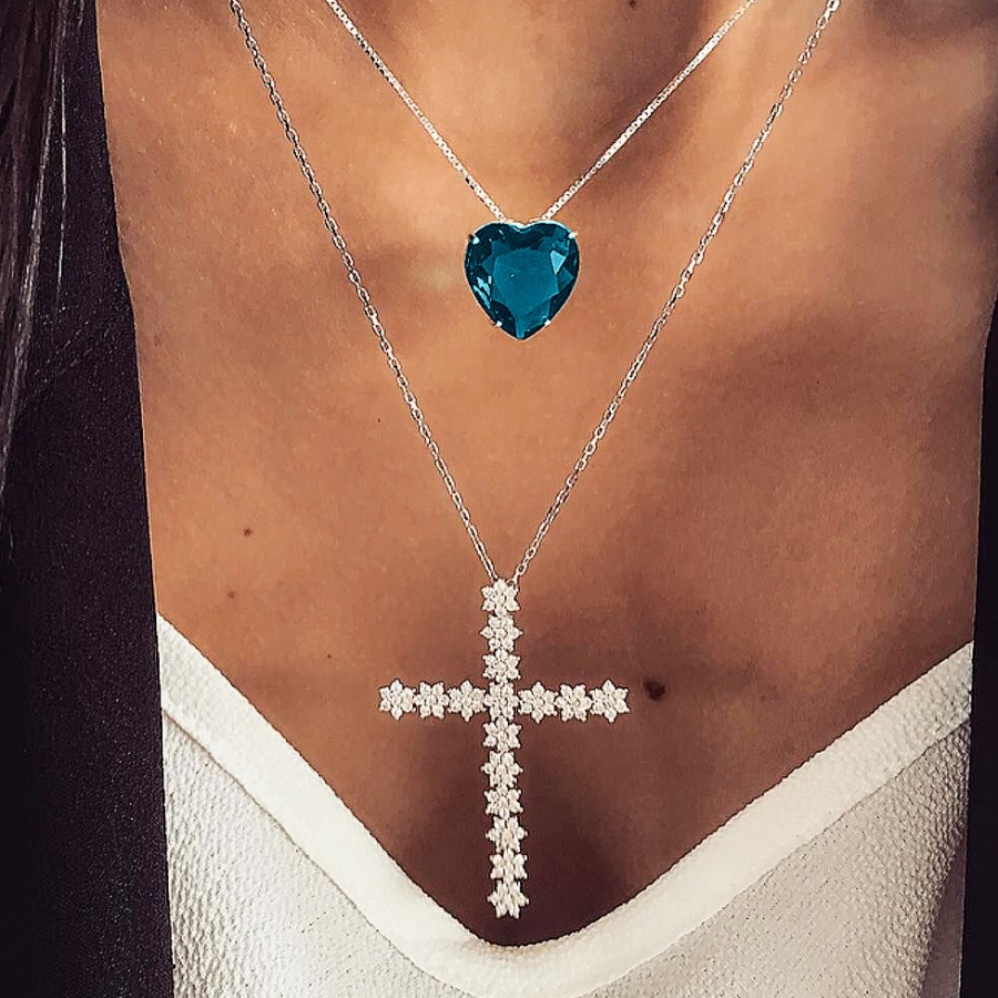 

LW Cross Heart Double Layer Necklace, Blue