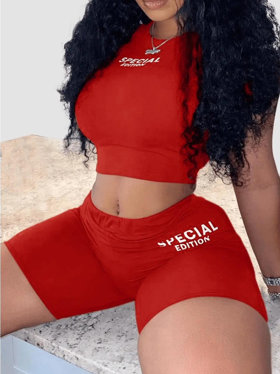 

LW Crop Top Letter Print Shorts Set, Red