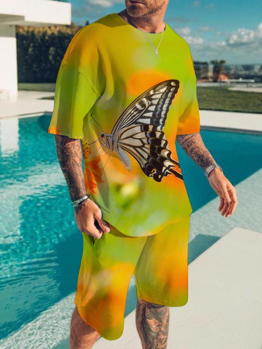 

LW Men Butterfly Print Tie-dye Shorts Set, Light green