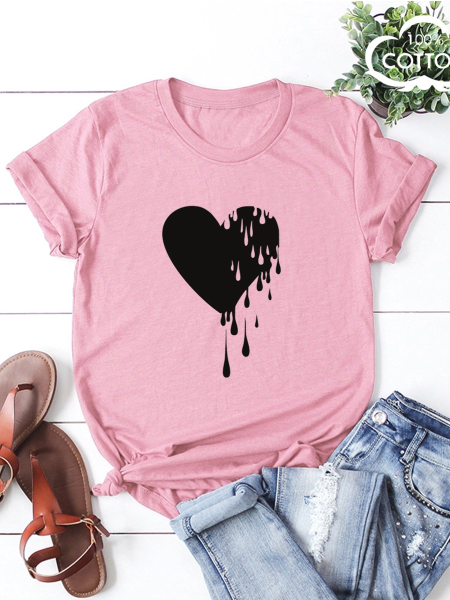 

LW COTTON Plus Size Round Neck Heart Print T-shirt, Pink