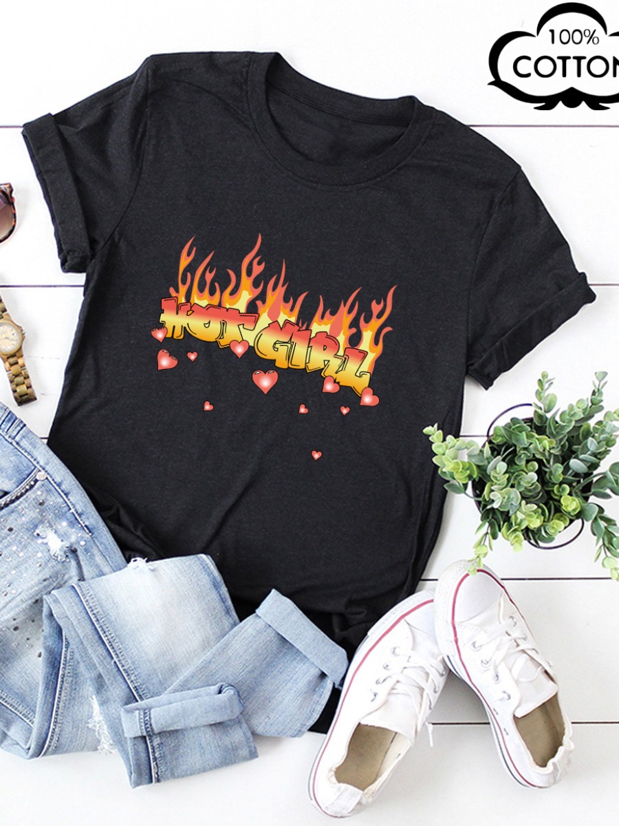 LW COTTON Plus Size Flame Hot Girl Letter Print T-