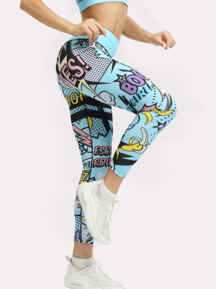 

LW BASICS Cartoon Letter Print High Stretchy Yoga Leggings, Blue