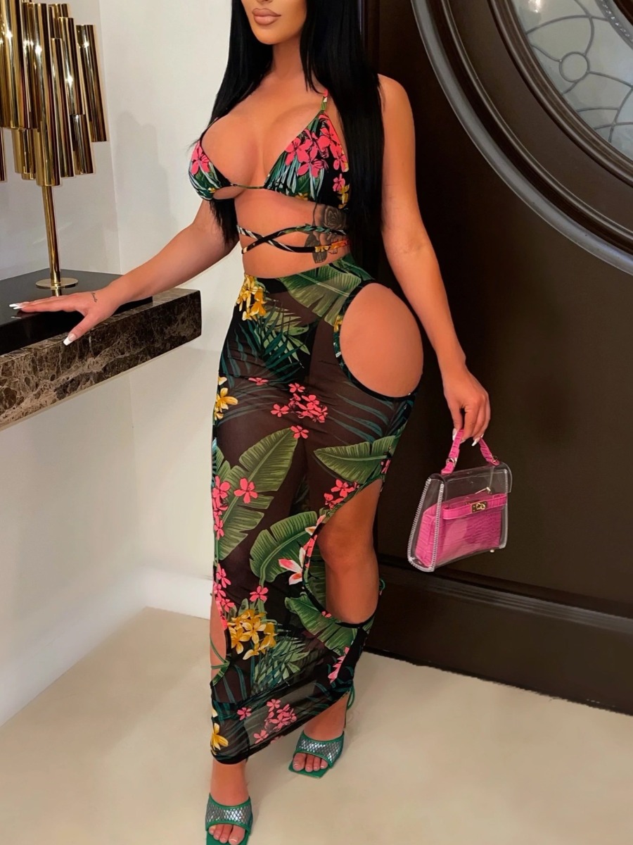 

LW Floral Print Cut Out See-through Skirt Set, Multi