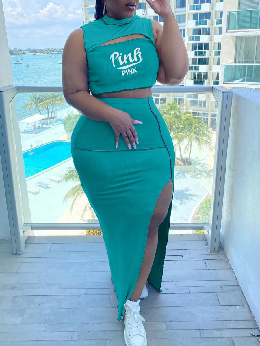 LW Plus Size Pink Letter Print Thigh Slit Skirt Set