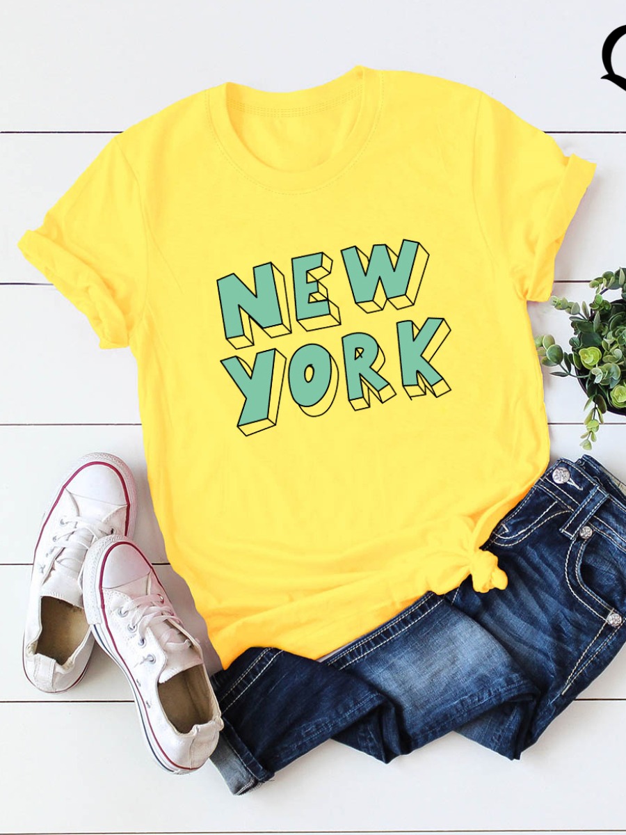 

LW COTTON Plus Size New York Letter Print T-shirt, Yellow