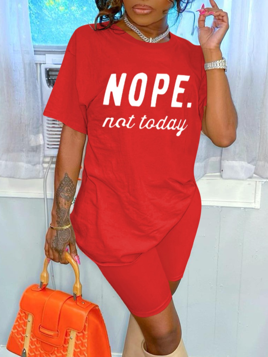 

LW BASICS Nope Not Today Letter Print Shorts Set, Red