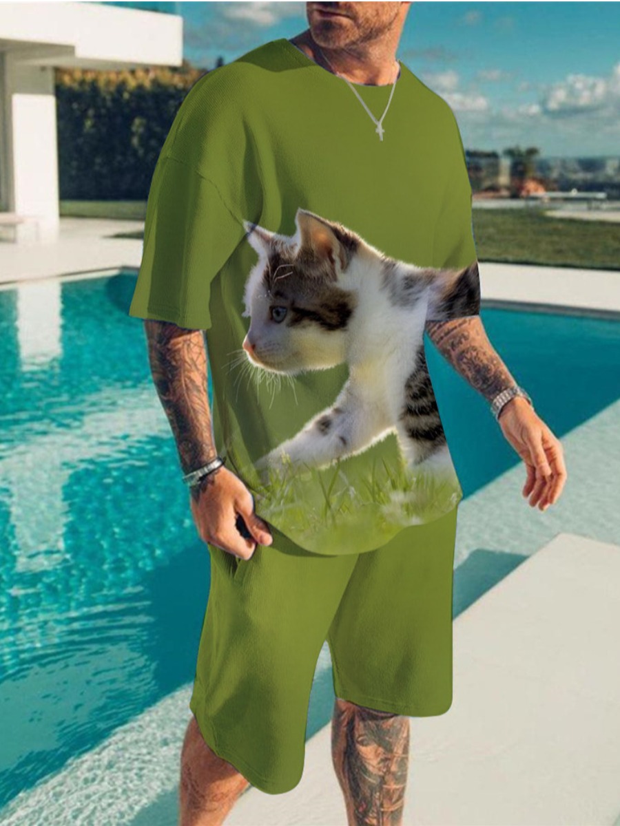 

LW Men Dropped Shoulder Cat Print Shorts Set, Green