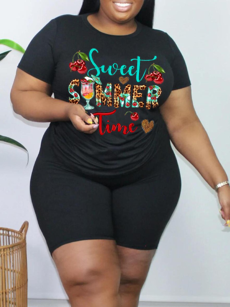 

LW Plus Size Floral Summer Letter Print Shorts Set, Black