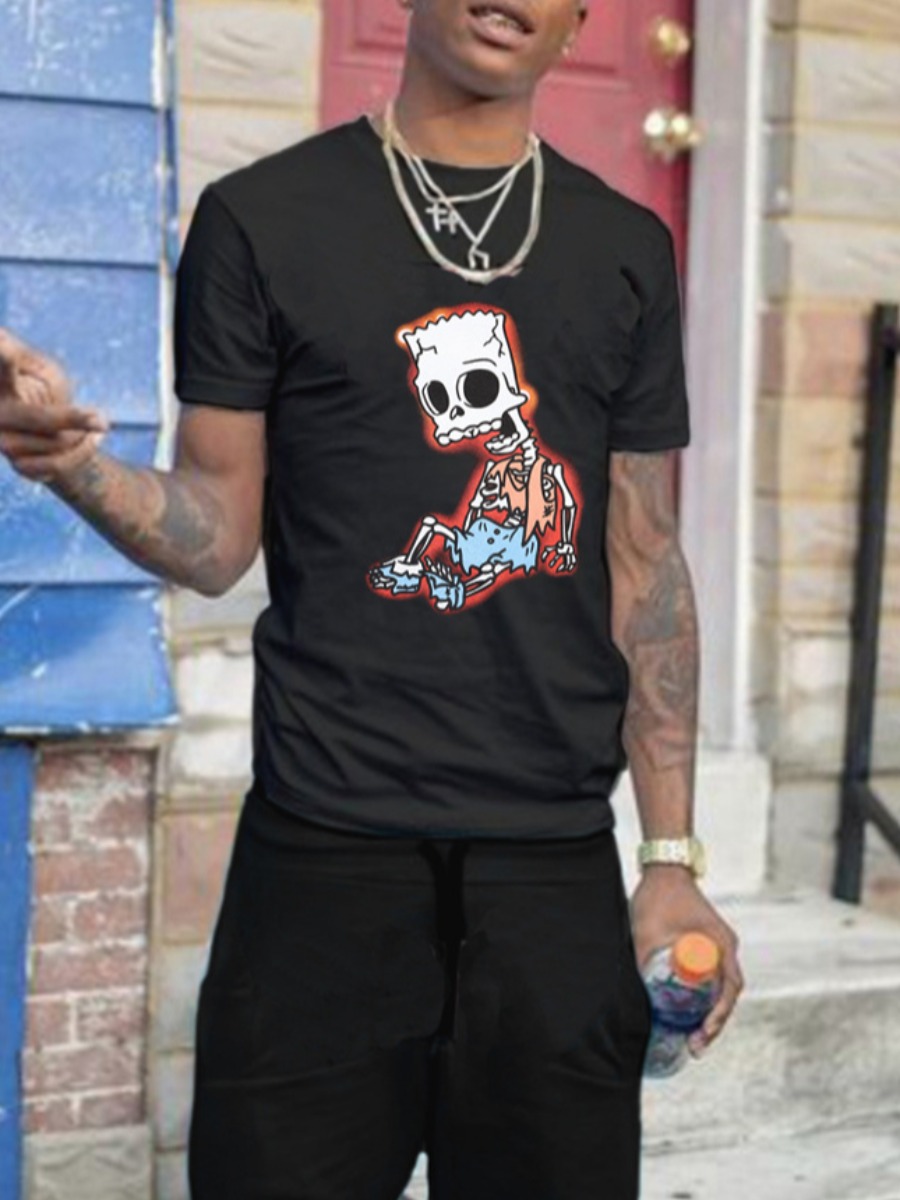 

LW Men Round Neck Skull Head Print T-shirt, Black