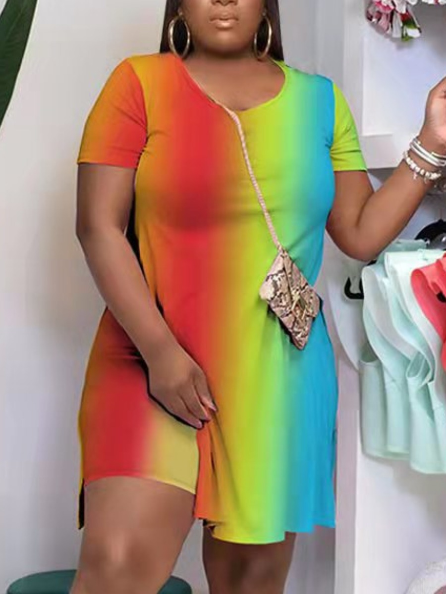 

LW Plus Size Rainbow Gradient Side Split Shorts Set, Multi