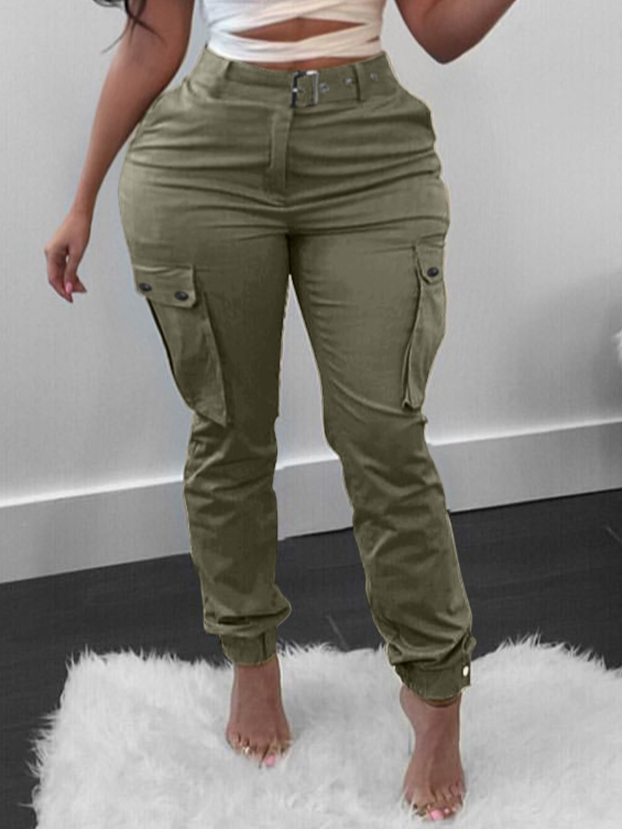 

LW Plus Size Side Pocket Belt Design Pants, Army green