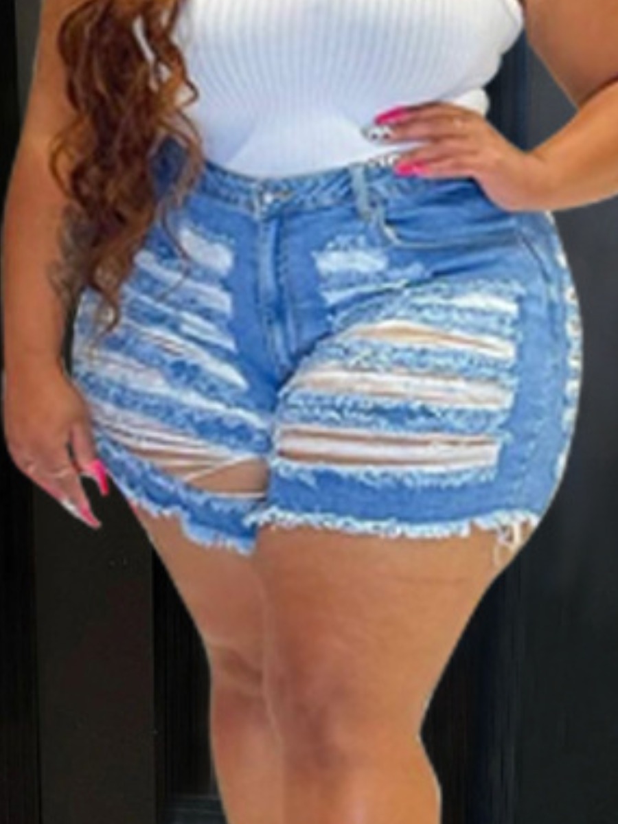 

LW SXY Plus Size Ripped High Stretchy Denim Shorts, Blue
