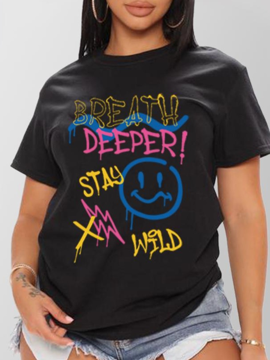 

LW Cartoon Letter Print T-shirt, Black