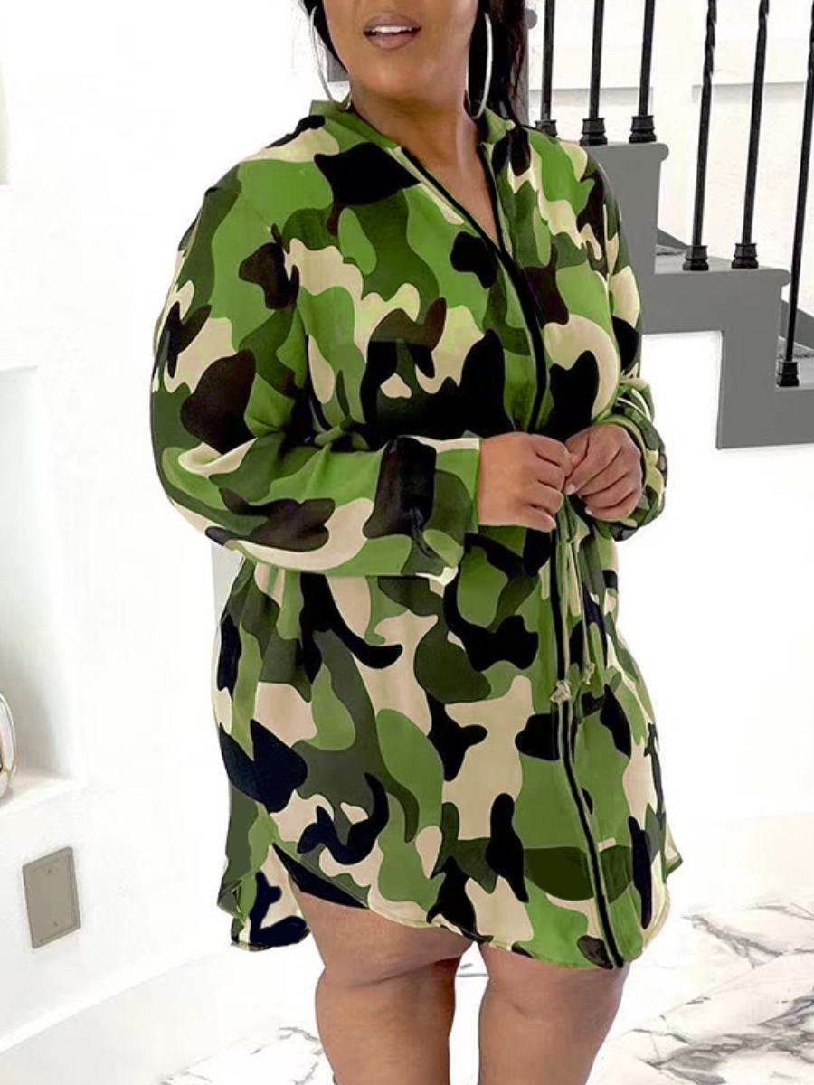 

LW Plus Size Camo Print Zipper Design Dress, Army green camouflag