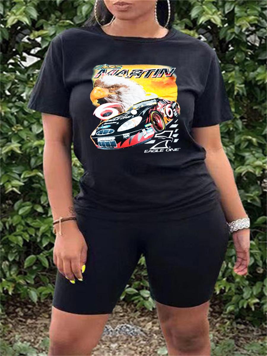 

LW Plus Size Racing Car Letter Print Shorts Set, Black