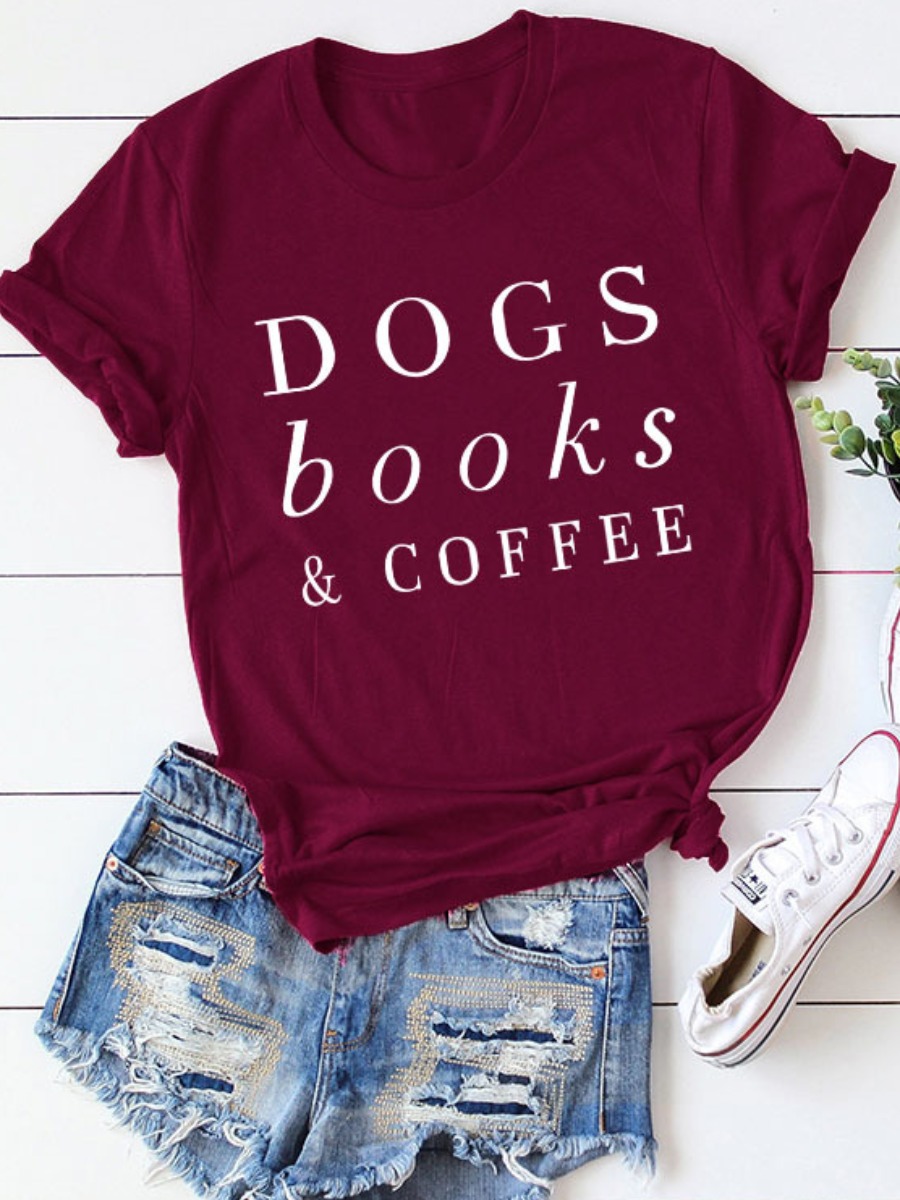 

LW COTTON Plus Size Books And Coffee Letter Print T-shirt, Wine red