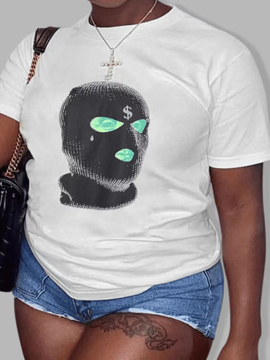 

LW Plus Size Masked Face Figure Print T-shirt, White