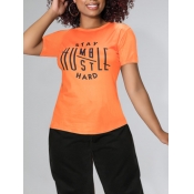 LW Leisure O Neck Letter Print Orange T-shirt