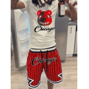 LW Men Cartoon Letter Print Striped Shorts Set