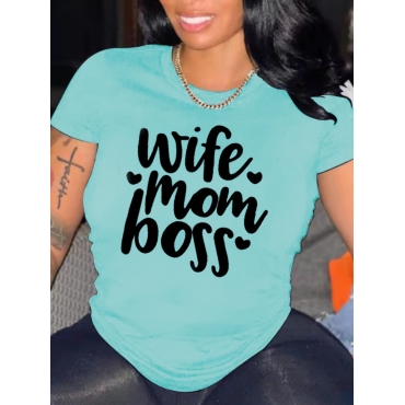 

LW Round Neck Letter Print T-shirt, Baby blue
