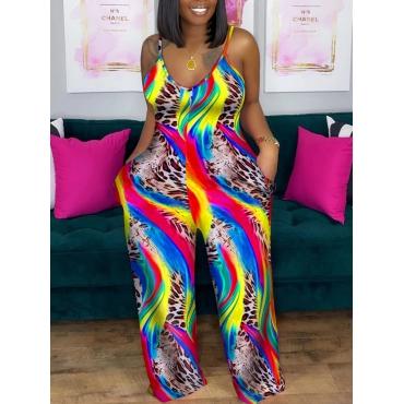 

LW Plus Size Leopard Print Rainbow Striped Jumpsuit, Multi