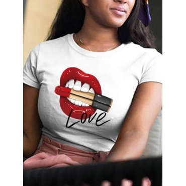 

LW Plus Size Letter Lip PrintT-shirt, White