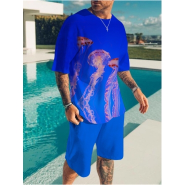 

LW Men Dropped Shoulder Print Loose Shorts Set, Blue