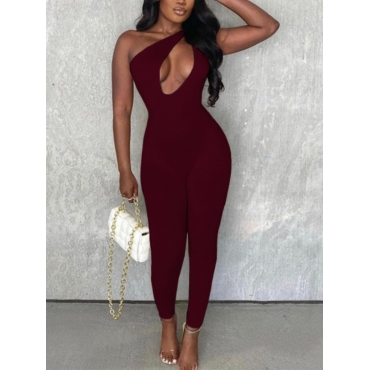 

LW One Shoulder Cut Out Jumpsuit, Wine red