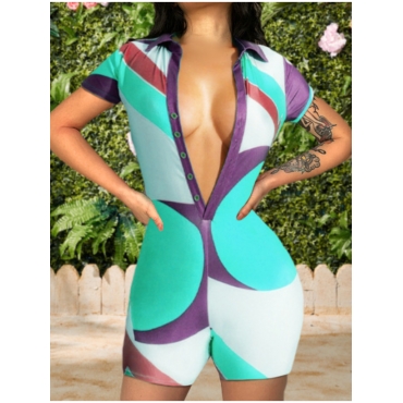 

LW Geometric Print Button Design Skinny Romper, Baby blue