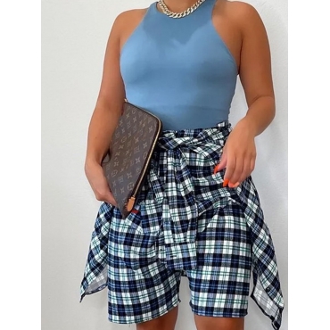 

LW Plaid Print Fold Design Shorts, Black & white tartan
