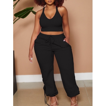 

LW Plus Size Bandage Hollow-out Design Pants Set, Black