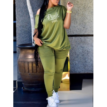 

LW Plus Size One Shoulder Pink Letter Print Pants Set, Green