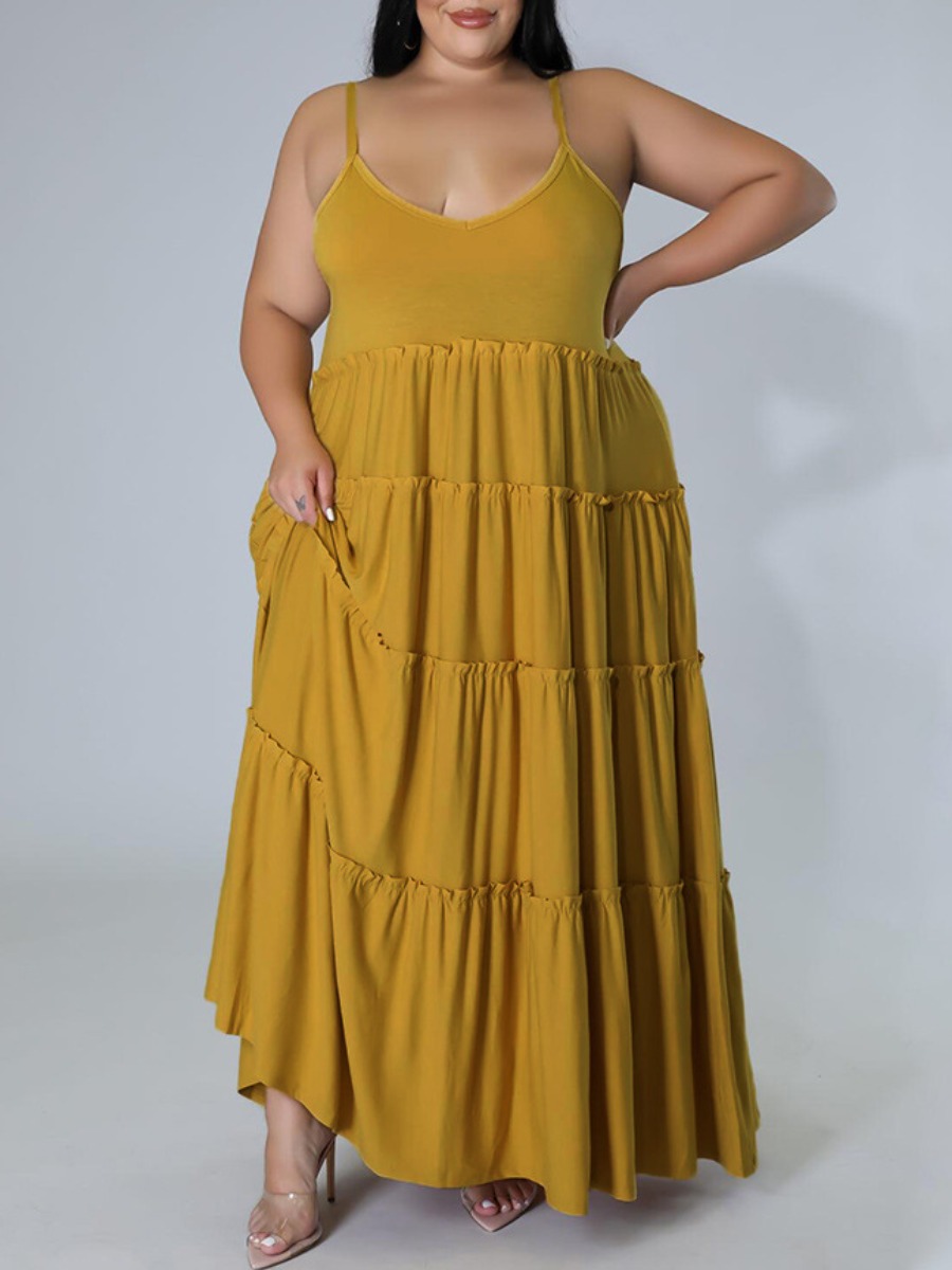 

LW Plus Size Ruffle Design Cami A Line Dress, Yellow