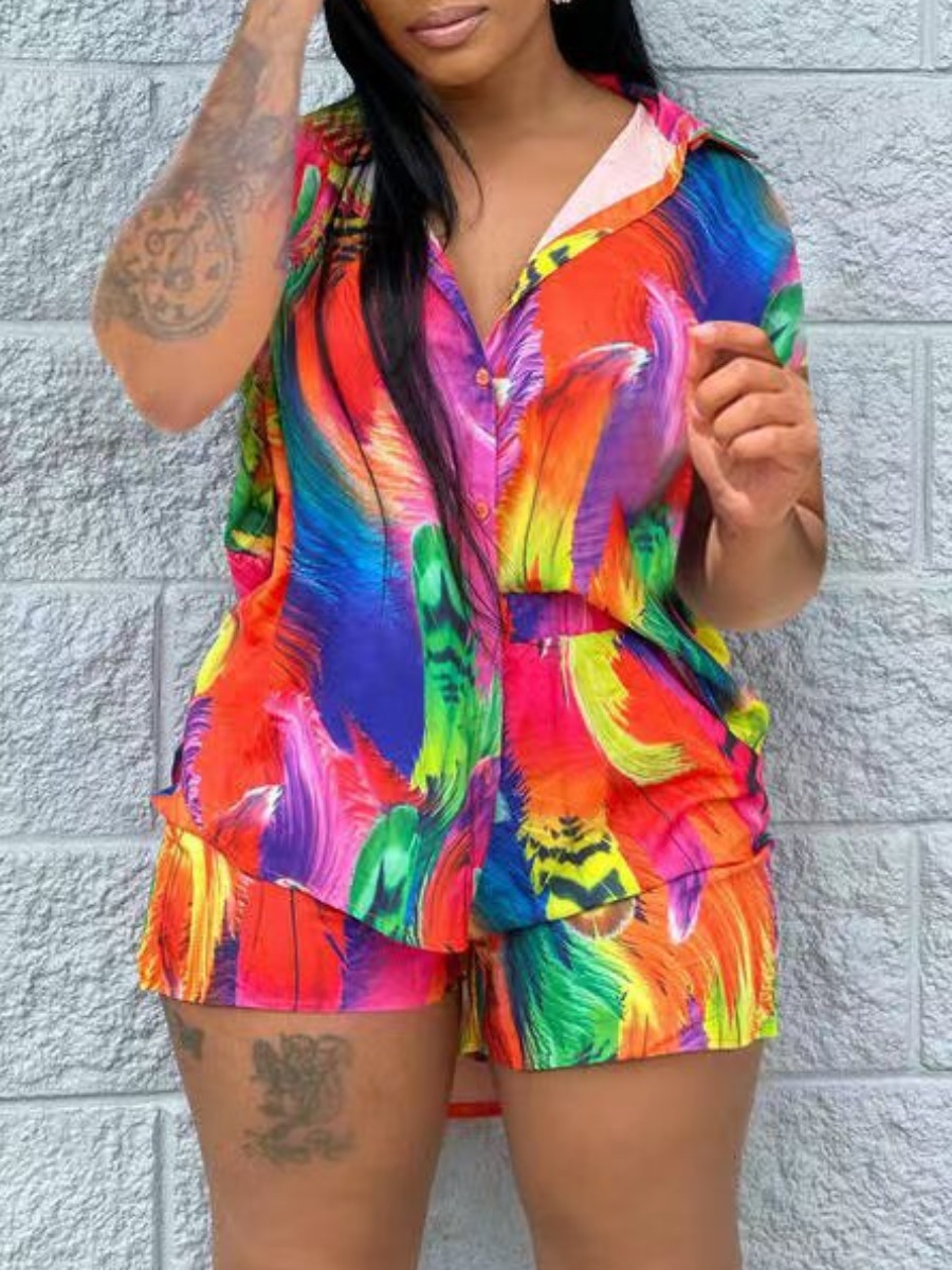 

LW Turndown Collar Mixed Print Stretchy Shorts Set, Multi